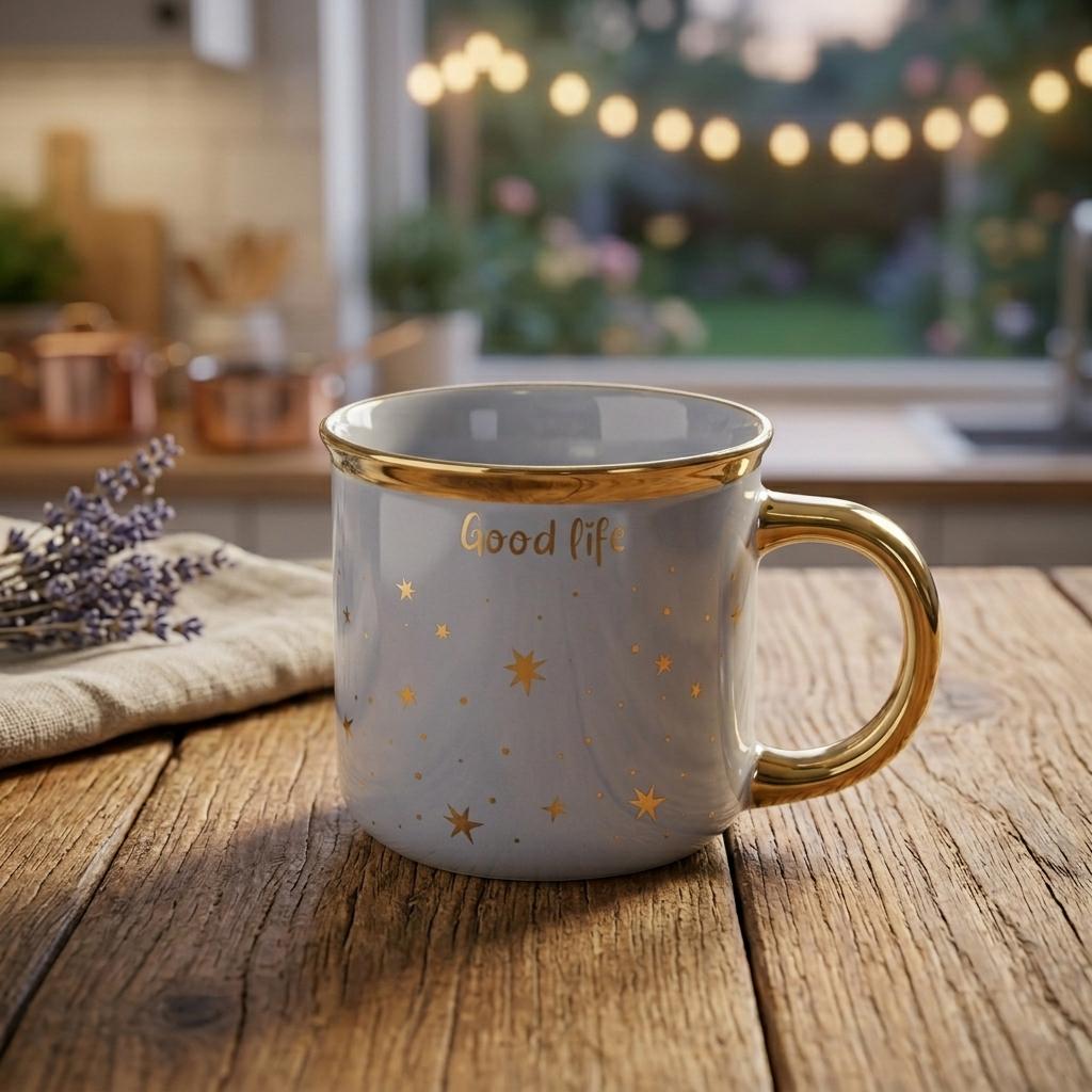 Чашка фарфоровая с надписью Good life из фарфора 320 мл 8,5х8,5 см Серый (RX-N231506G) Чашка фарфоровая с надписью Good life из фарфора 320 мл 8,5х8,5 см Серый (RX-N231506G)