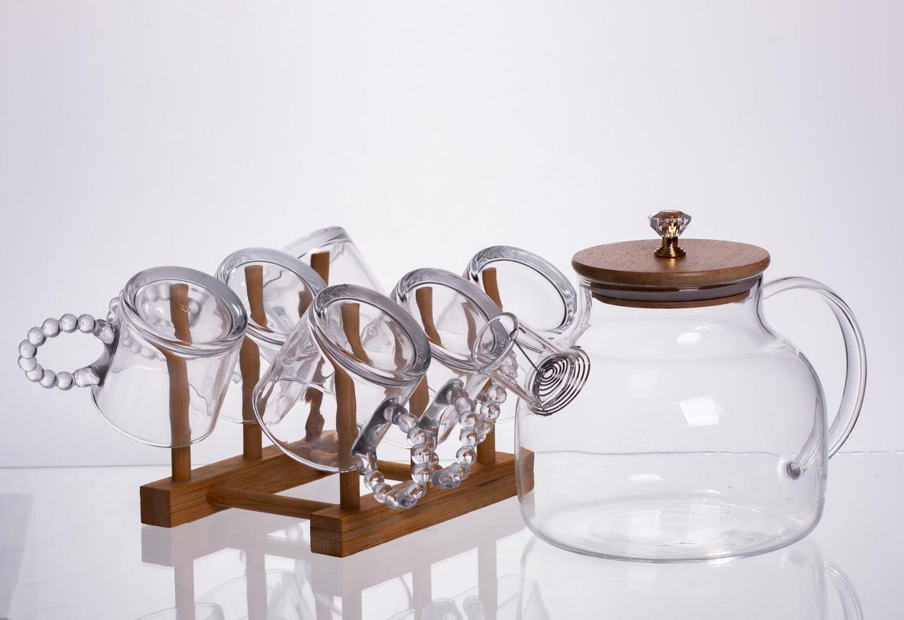 Чайний сервіз із товстого скла 8 предметів з бамбуковою підставкою для чашок (64486-23)