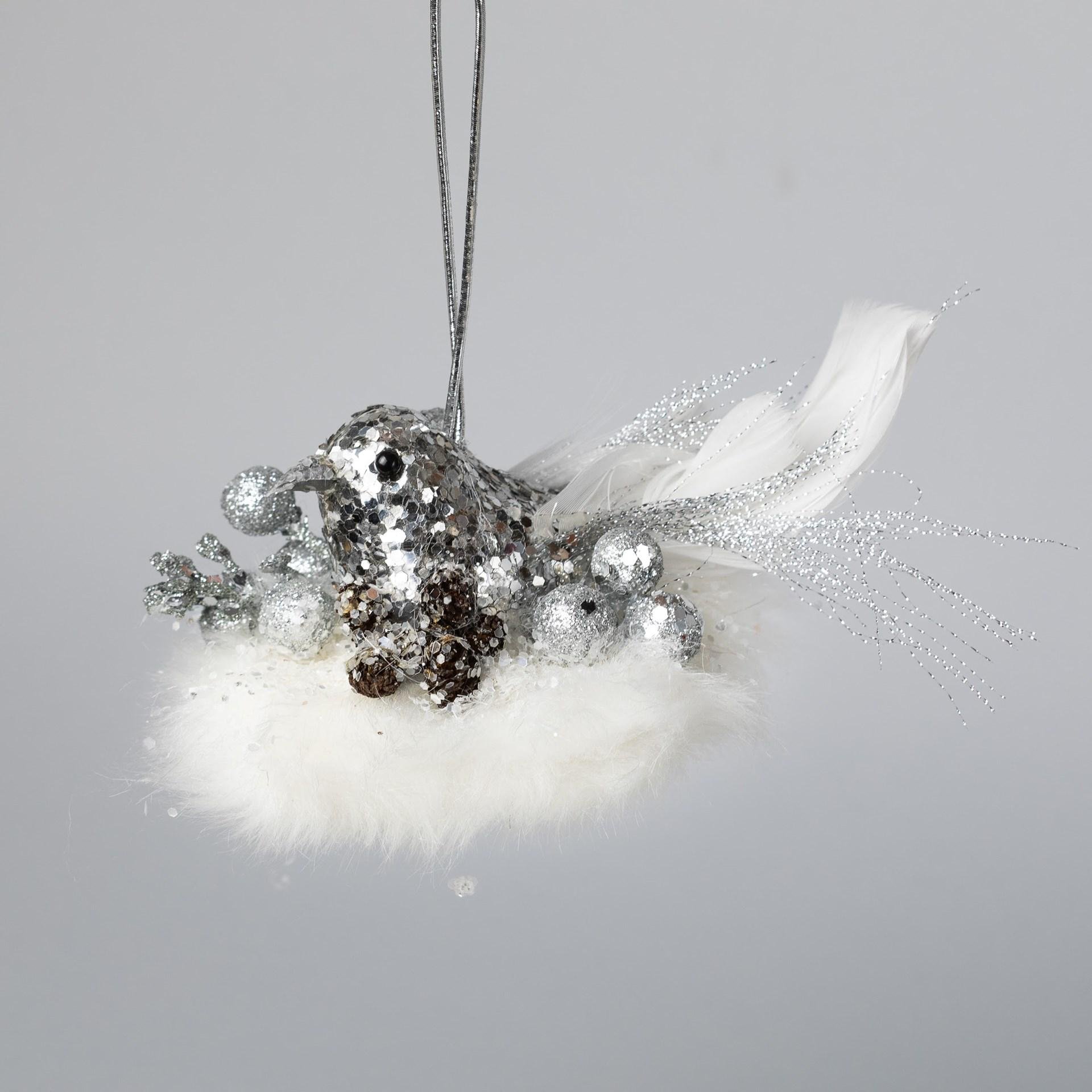 Іграшка на ялинку Флоріаль "Лунарія" пташка 10 см Білий/Срібний (2601)