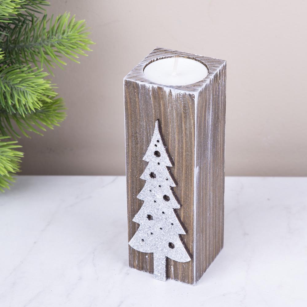 Підсвічник дерев'яний ялинка зі срібним глітером 14 см (5162-4)