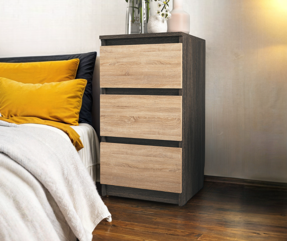 Тумба приліжкова Tobi Sho Heidi T-216 на три шухляди для спальні 400х758х398 мм Антрацитовий/Сонома