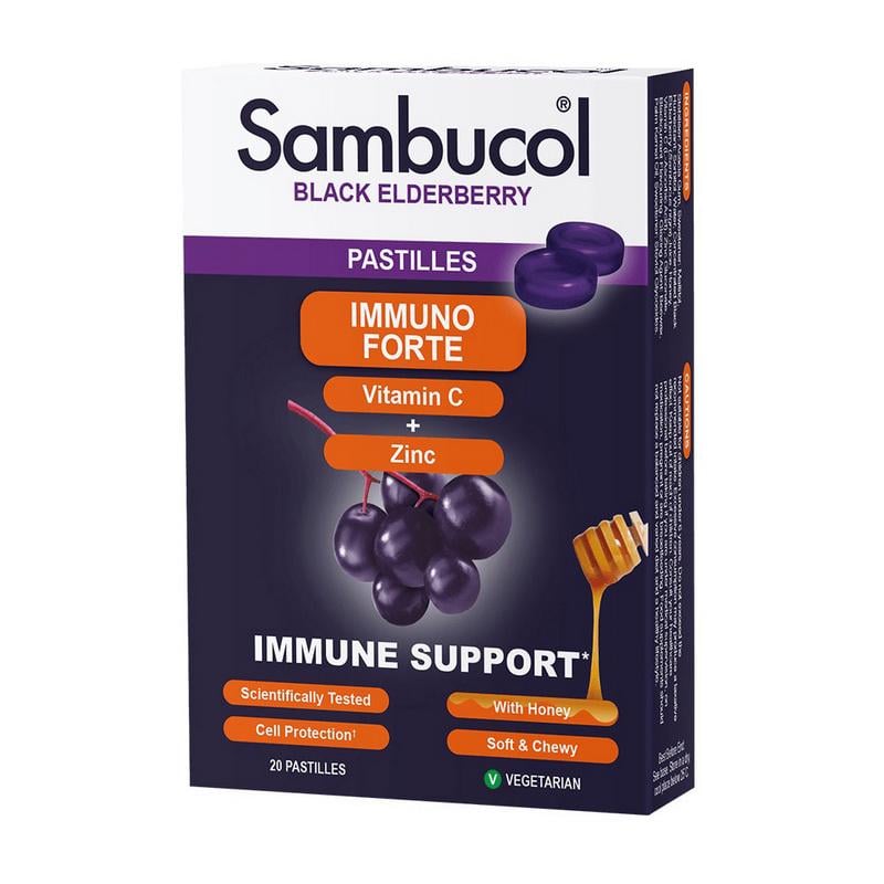 Комплекс для імунітету з чорною бузиною вітаміном C і цинком Sambucol Immuno Forte Pastilles 20 паст.