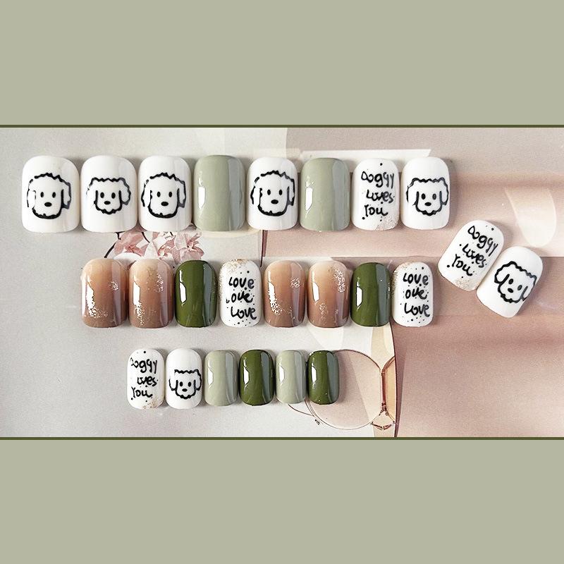 Накладные ногти Doggy с рисунками и надписями с клеем Bananahall 24 шт. LK13476 Зеленый (A9761)