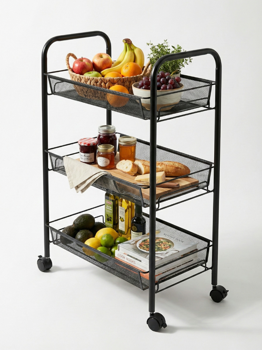 Етажерка металева універсальна на колесах 3 яруси 65х44х25 см Чорний (1296932964)