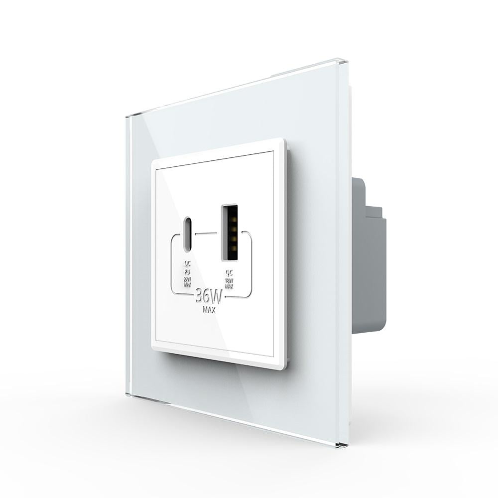 Розетка USB-A и USB-C 36 W стеклянный Белый (VL-C7FCUA18W.UC18W-2WP)