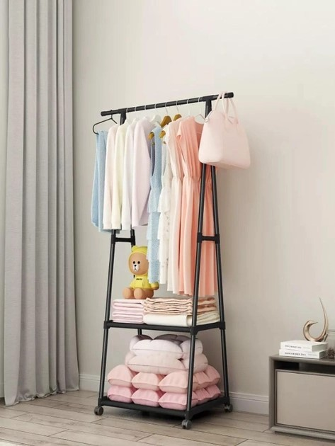 Стойка-вешалка для одежды и обуви Coat Rack TW-777 напольная стальная с полками на колесах Black (376182)