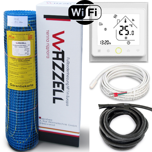 Мат двужильный Нагревательный Wazzell Easyheat тонкий с WI-FI терморегулятором 3000 Вт 15 кв. м (10140250)