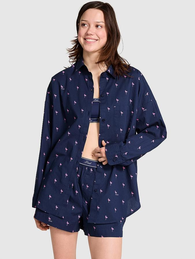 Сорочка Victoria's Secret Cotton Poplin Oversized Button-Down Sleepshirt бавовняна М Синій (19574984)