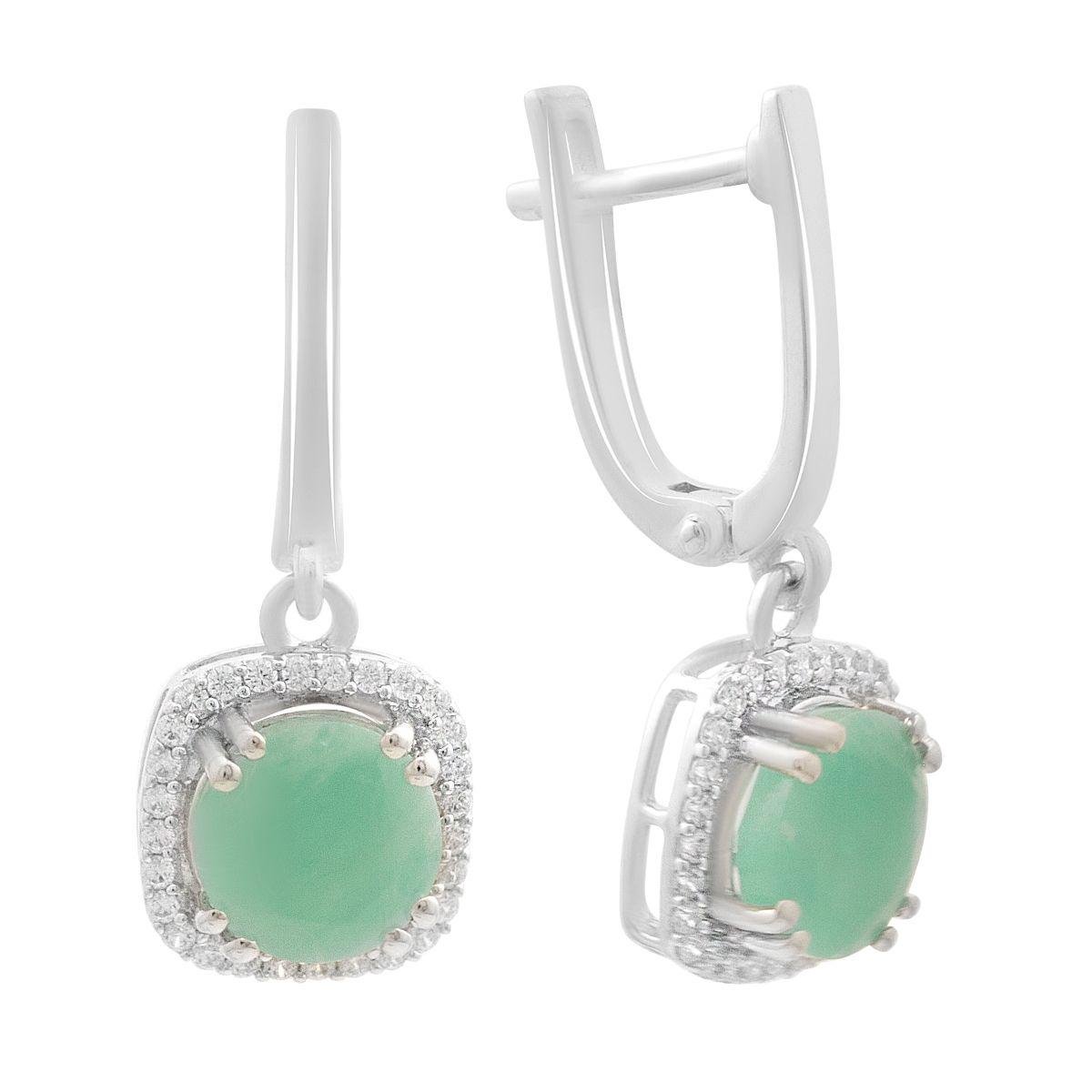 Сережки срібні з натуральним смарагдом круглої форми у підвісному дизайні Сережки срібні з натуральним смарагдом круглої форми у підвісному дизайні