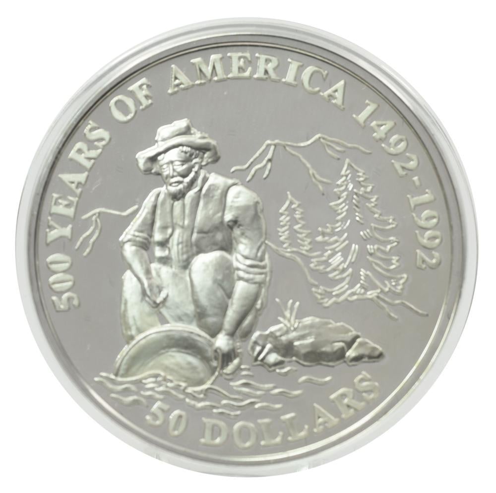 Коллекционная монета Острова Кука 50 долларов 1993 серебро Proof 500 лет Открытию Америки-Золотая лихорадка (М22634)