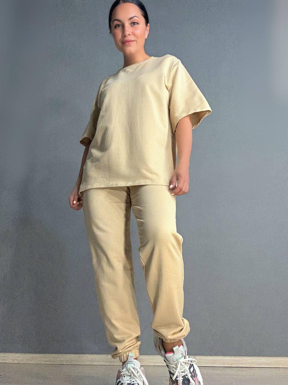 Костюм женский PEPPER MINT 24-01-01 двунитка однотонный брюки джоггеры с футболкой S-M Капучино (1802)