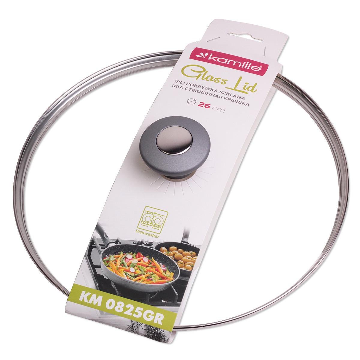 Крышка стеклянная Kamille KM-0825GR с металлическим ободком 26 см (29-84-0825GR)