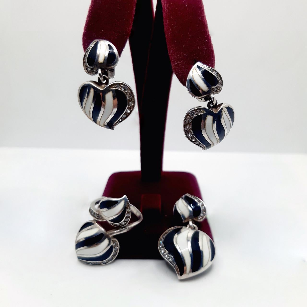 Гарнитур кольцо/серьги/кулон серебро 925° р. 19 Черно-белый (ТАНДЕМ)