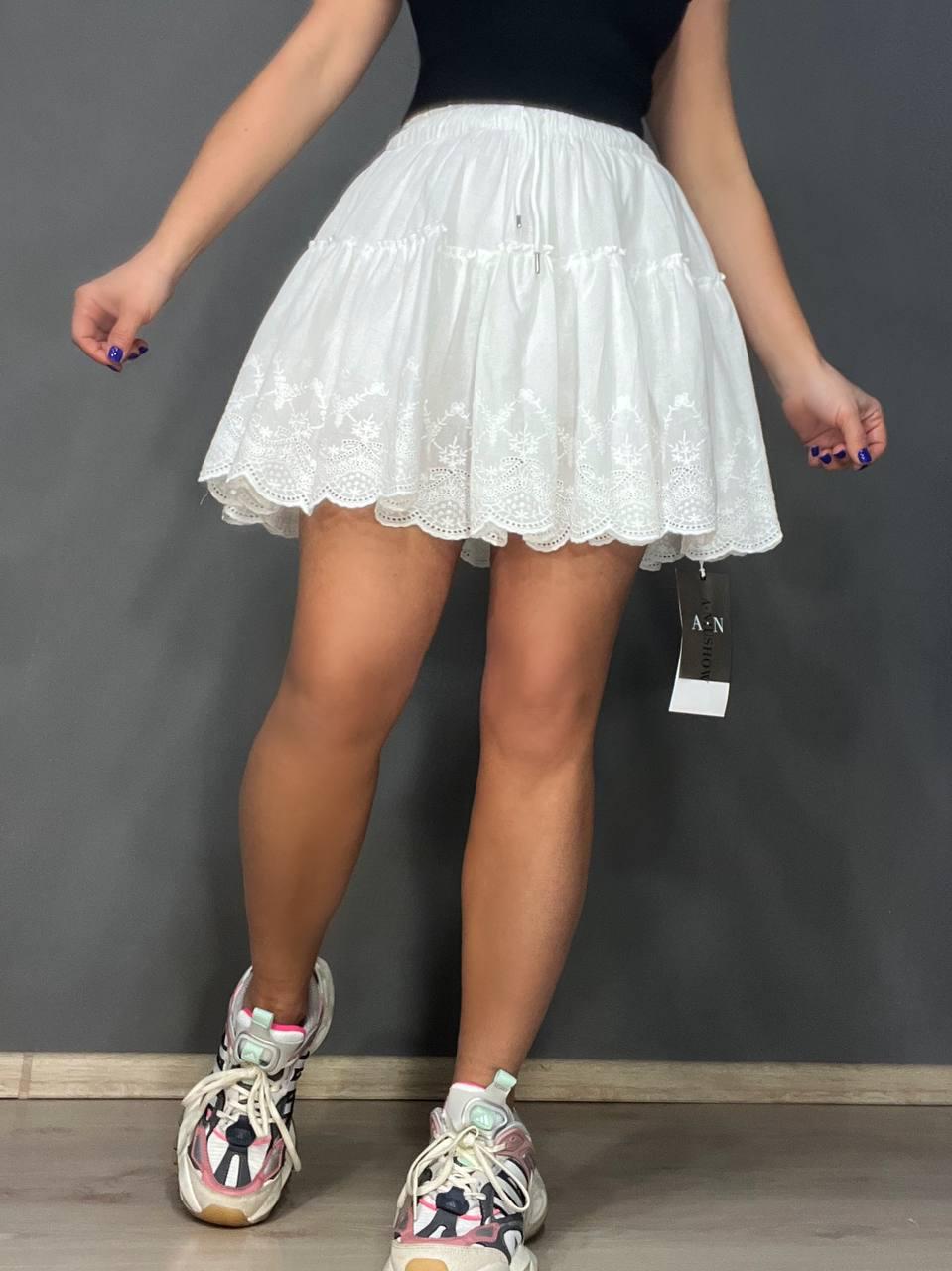 Юбка женская A-N 26070 короткая хлопковая с шортами оборки кружево резинка на талии шнурок L Белый (3991)