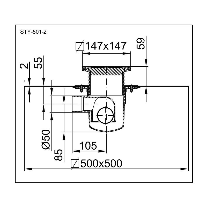 Трап для душа горизонтальний випуск Styron 50 мм сухий гідрозатвор з фланцем надставка з решіткою 150х150 мм STY-501-2 - фото 2
