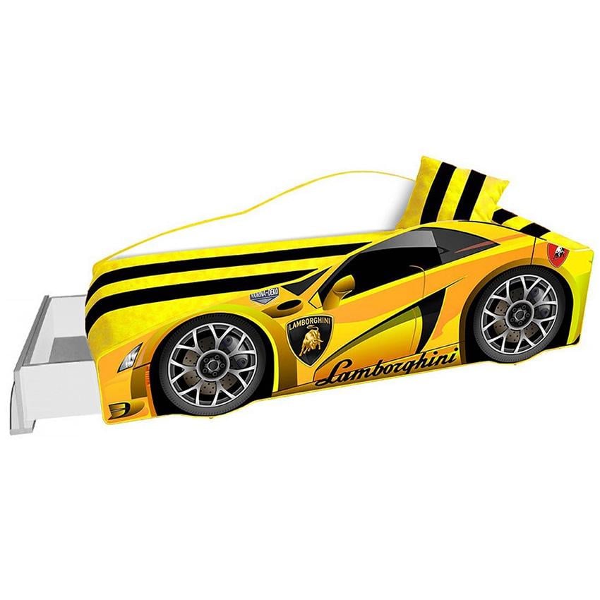 Кровать детская машина Viorina-Deko Элит Е-3 Lamborghini с подушкой матрасом и выдвижным ящиком ламинированная ДСП 80х170 см Желтый (44303)
