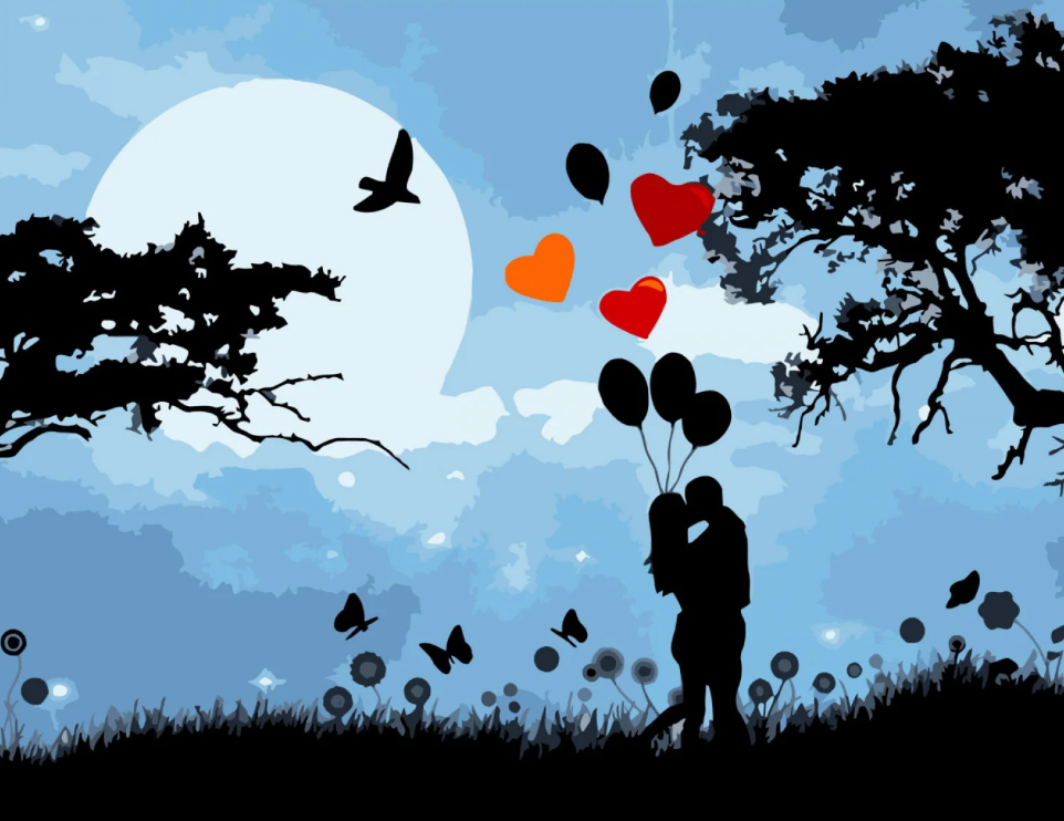 Картина по номерам Strateg Премиум Влюбленные в лунную ночь с лаком и уровнем 40x50 см (SY6771)