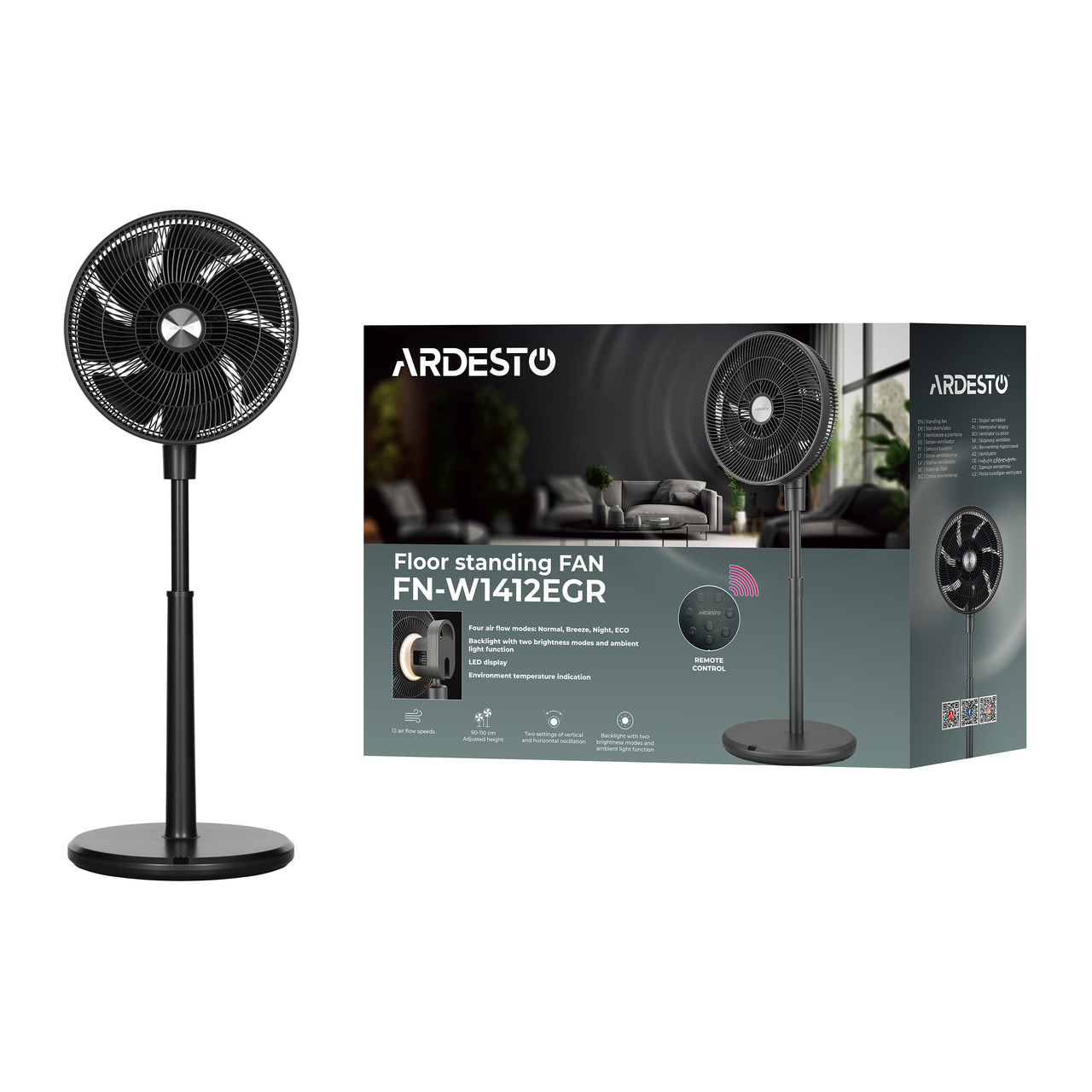 Вентилятор ARDESTO підлоговий 40 см 35 Вт 90-110 см пульт ДК/3D-обертання (FN-W1412EGR) - фото 3