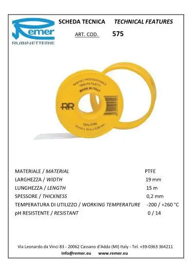 Стрічка ФУМ Remer газ/пар/вода/повітря професійна 0,2 мм 19 мм 15 м - фото 2