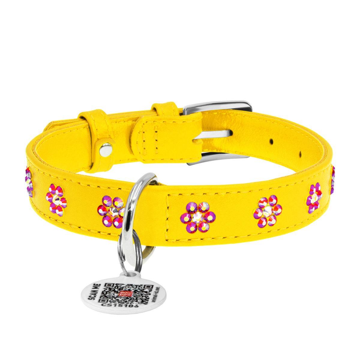 Ошейник для собак кожаный Waudog Glamour Цветы с QR паспортом/с клеевыми стразами 20 мм х 30-39 см (32028 Col)