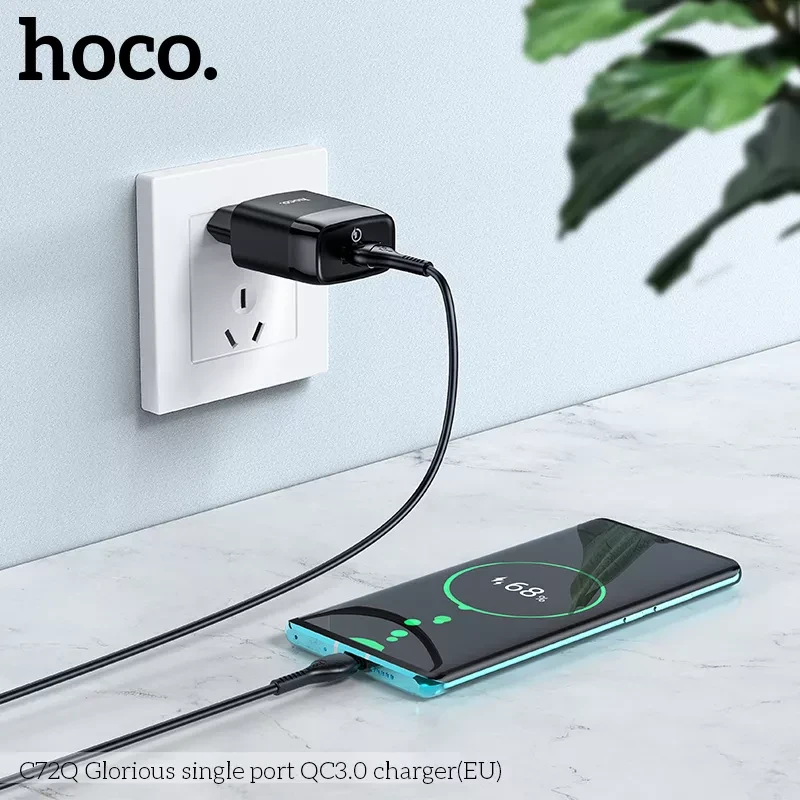 Адаптер мережевий Hoco Glorious single port charger C72Q 1USB QC3.0/FCP/AFC 3A 18W Black - фото 5