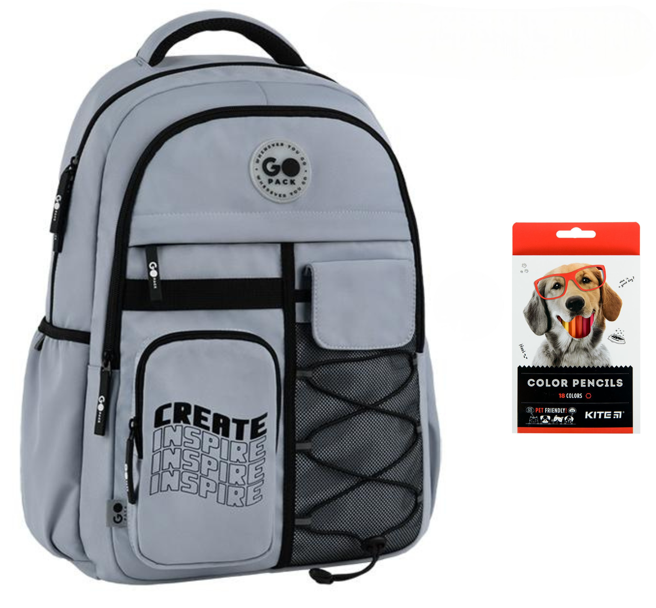 Рюкзак школьный GoPack Education Teens GO26-184L-2 и карандаши KITE 18 цветов Серый (2905030958)