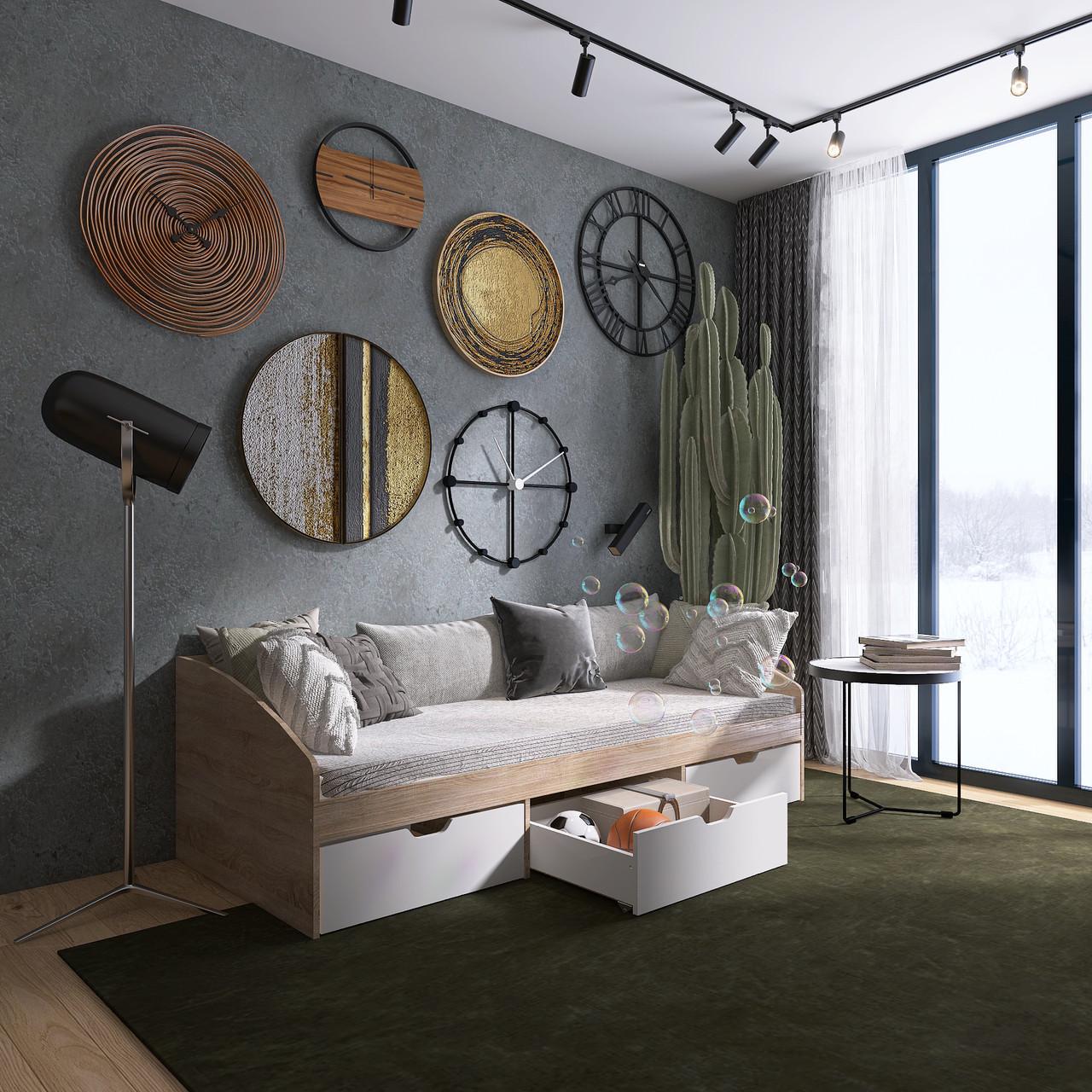 Кровать односпальная Еверест с ящиками Комфорт-3 сплошной щит 80x190 см Дуб сонома/Белый (EVR-20708)