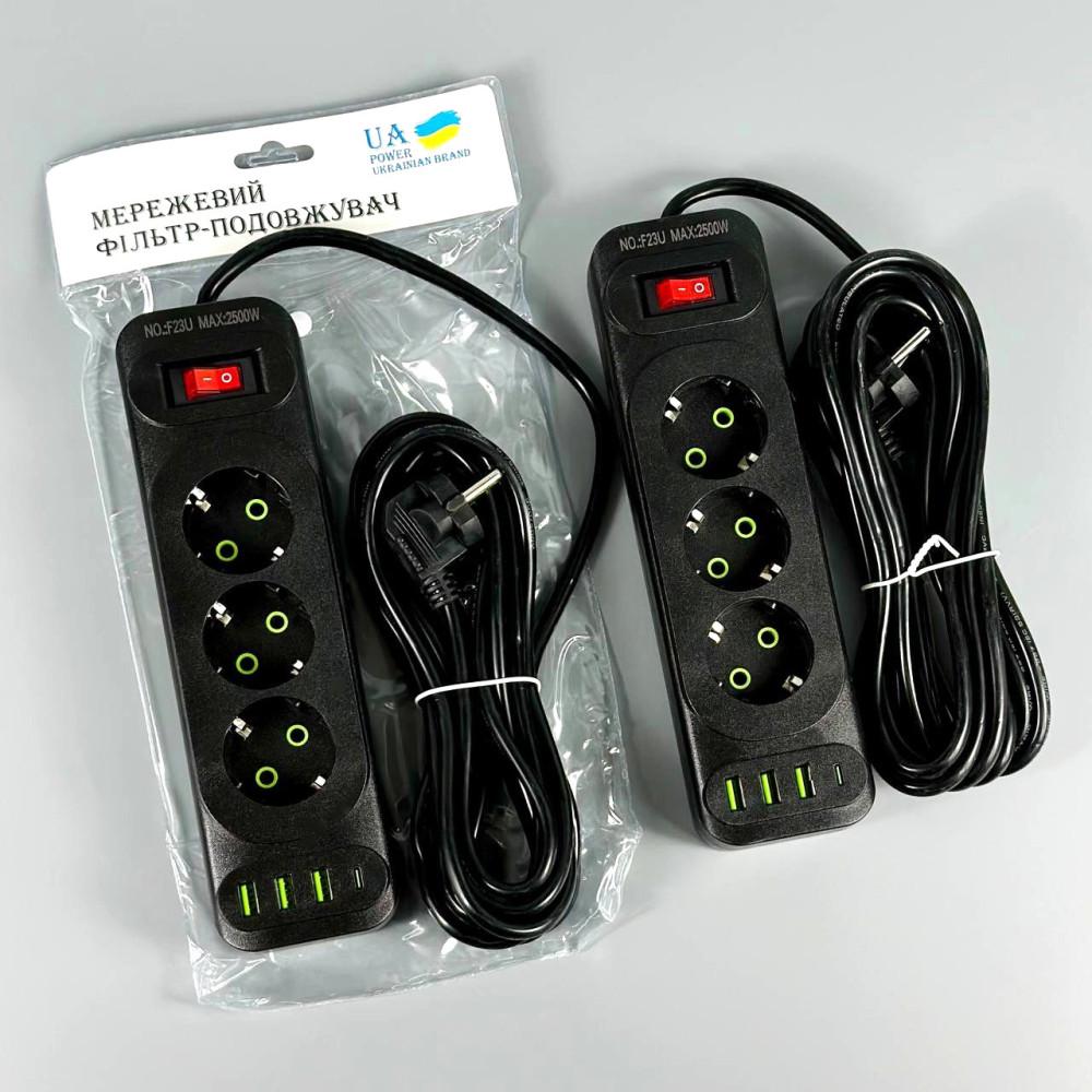 Удлинитель сетевой переноска 2м на 3 розетки з 3USB/Type-C UA Power F43U Черный (F23U 3r-3usb+Type-C-2m) - фото 2 Удлинитель сетевой переноска 2м на 3 розетки з 3USB/Type-C UA Power F43U Черный (F23U 3r-3usb+Type-C-2m) - фото 2