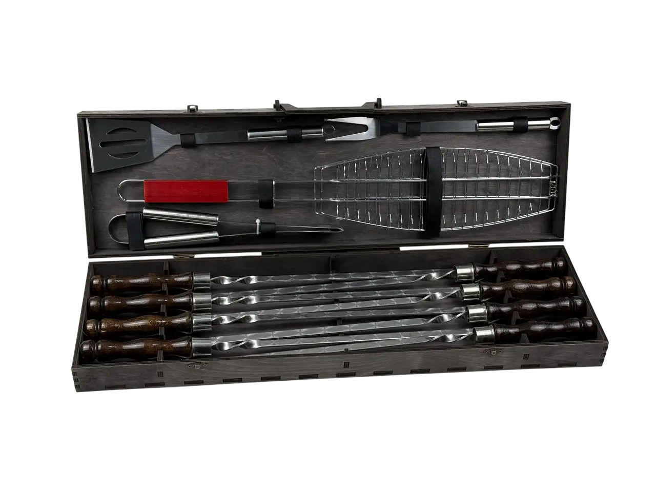 Набор шампуров GrillMaster Вуд NB-3012 решетка для рыбы щипцы лопатка нержавеющая сталь 3 мм 12 пр. (10-164-NB-3012)