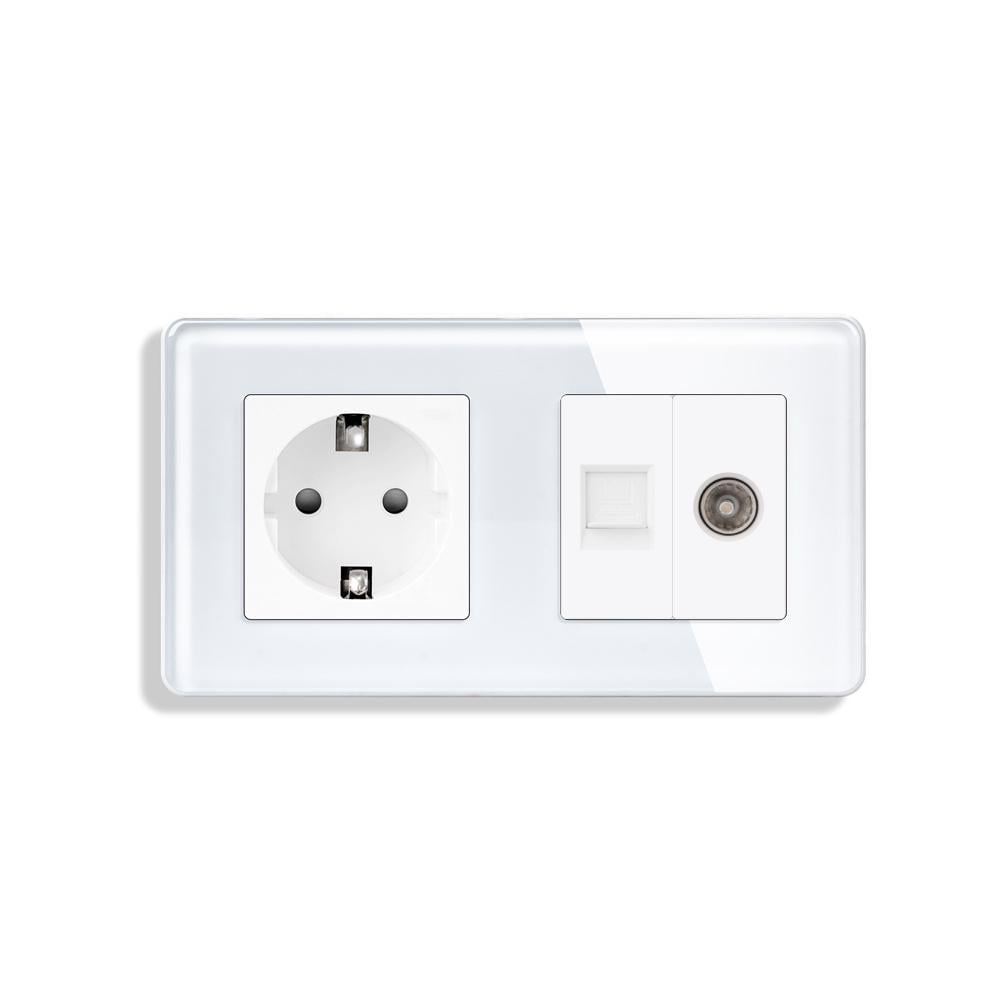Розетка настенная ELIOS силовая/интернет RJ-45/ТВ дизайнерская стеклянная рамка Белый (TW-M2FCAT6PTY-WT)