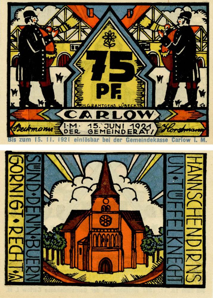 Коллекционная банкнота Германия Нотгельд 75 пфеннигов 1921 F-VF Карлов (Б18609)