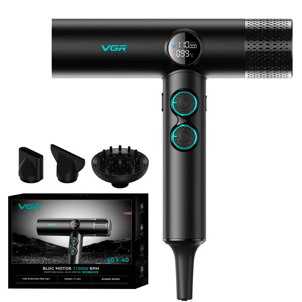 Фен профессиональный VGR V-401 с 3 насадками Black (2685677818)