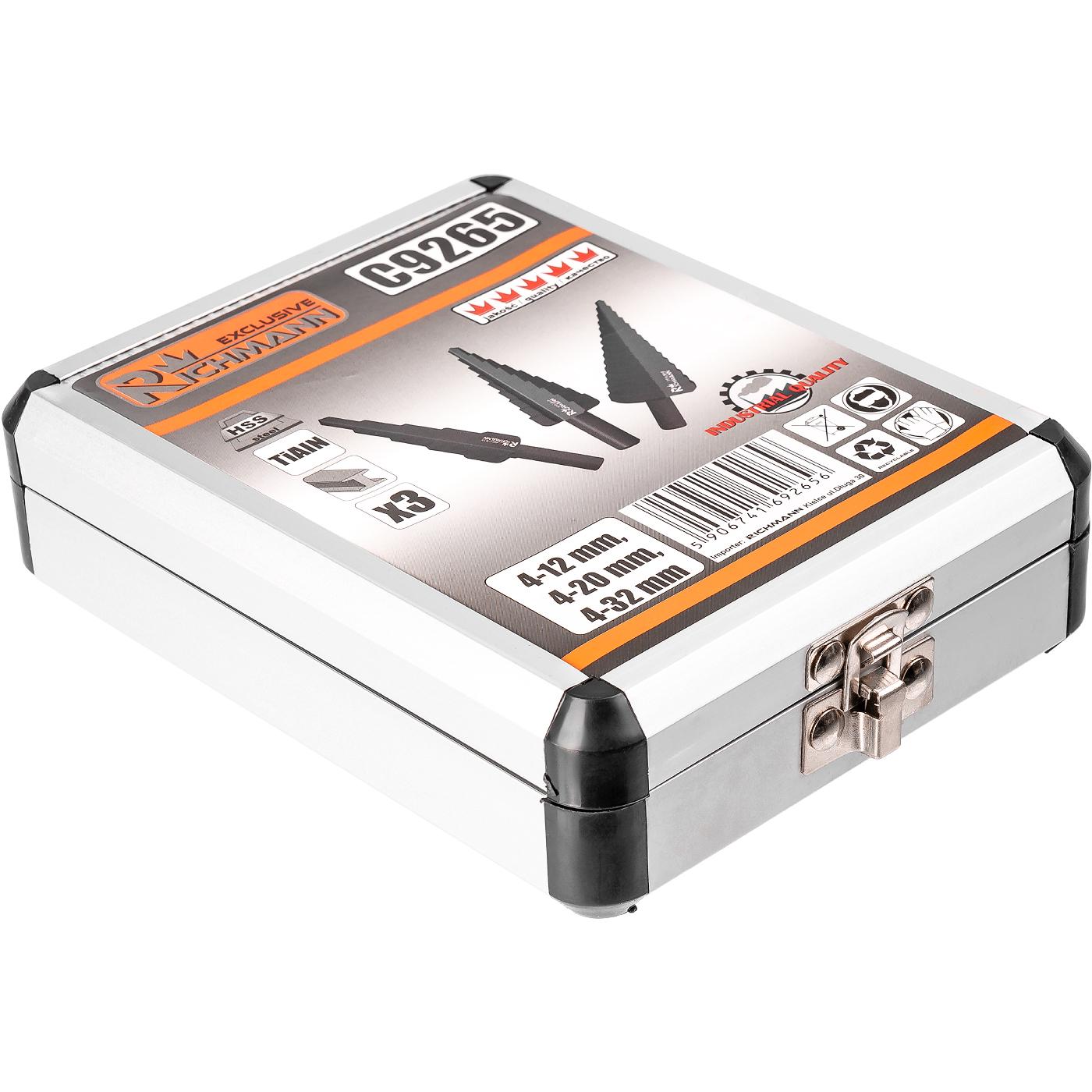 Ступінчасті свердла Richmann набір 3 шт. по металу HSS 4-12 мм/4-20 мм/4-32 мм металевий кейс (C9265) - фото 4