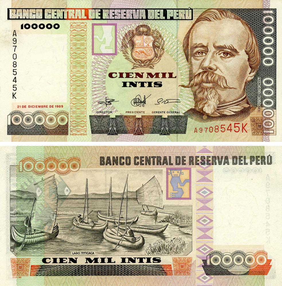 Коллекционная банкнота Перу 100000 инт 1989 AU-UNC P145 (Б20691)
