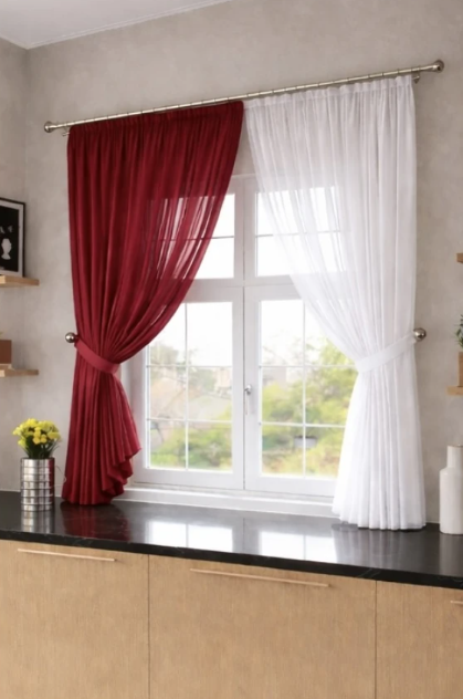 Комплект штор на кухню шифон с подвязками 250х170 см Бордоовый/Белый (501к 7)