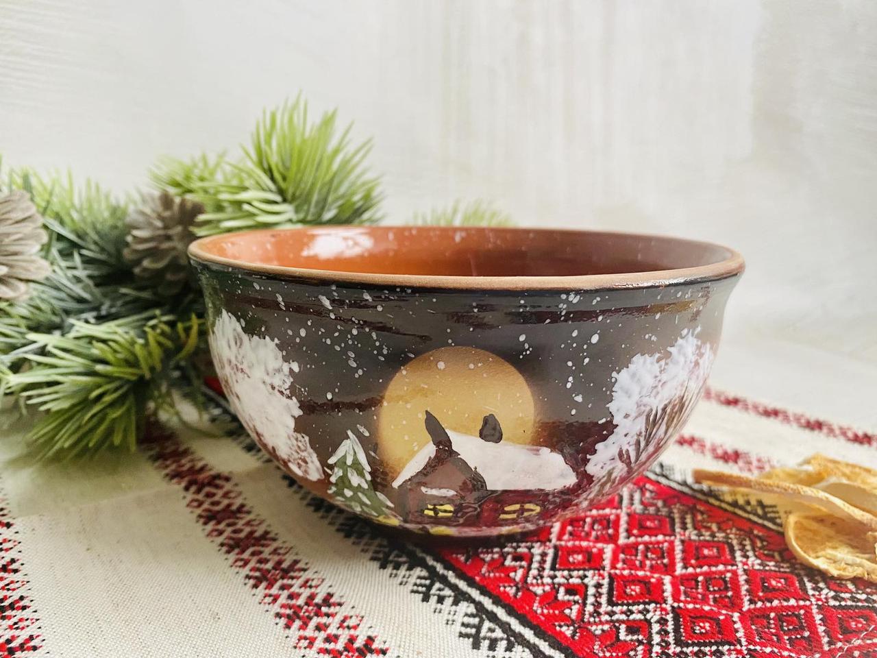 Глиняна миска Зима 500 мл з малюнком ручної роботи