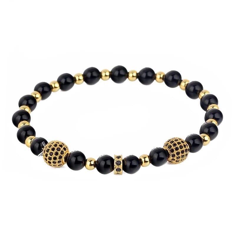 Браслет з агату та гематиту з диском та кулями р. 19 Чорний/Золотий (90085)