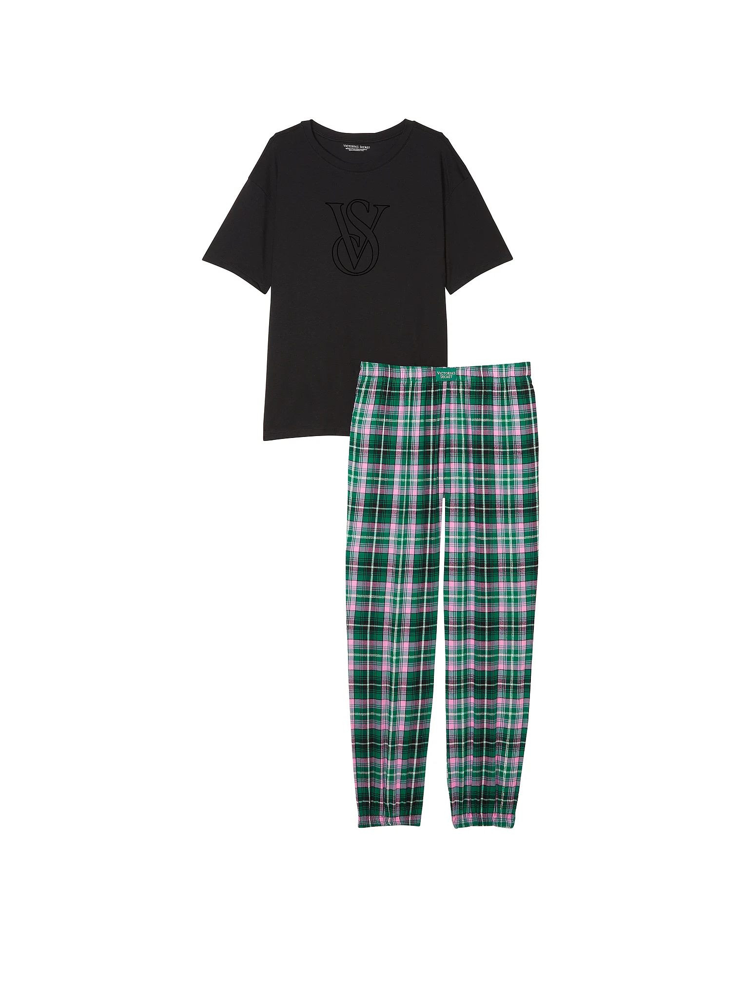 Піжама жіноча Victoria's Secret Flannel Jogger Tee-Jama Set фланель/котон M Чорний з зеленим (17529258) - фото 3