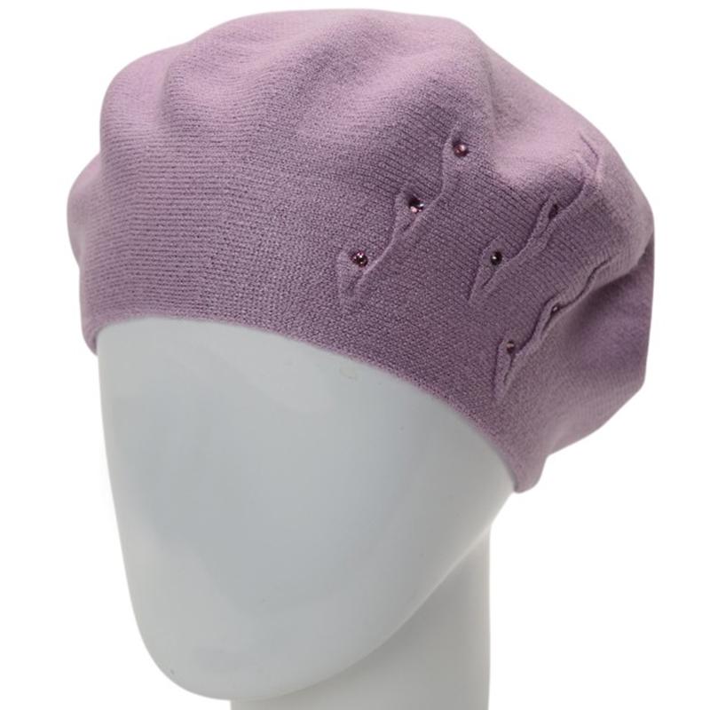 Берет женский вискозный двойной Novita Флорина с узором сбоку и стразами