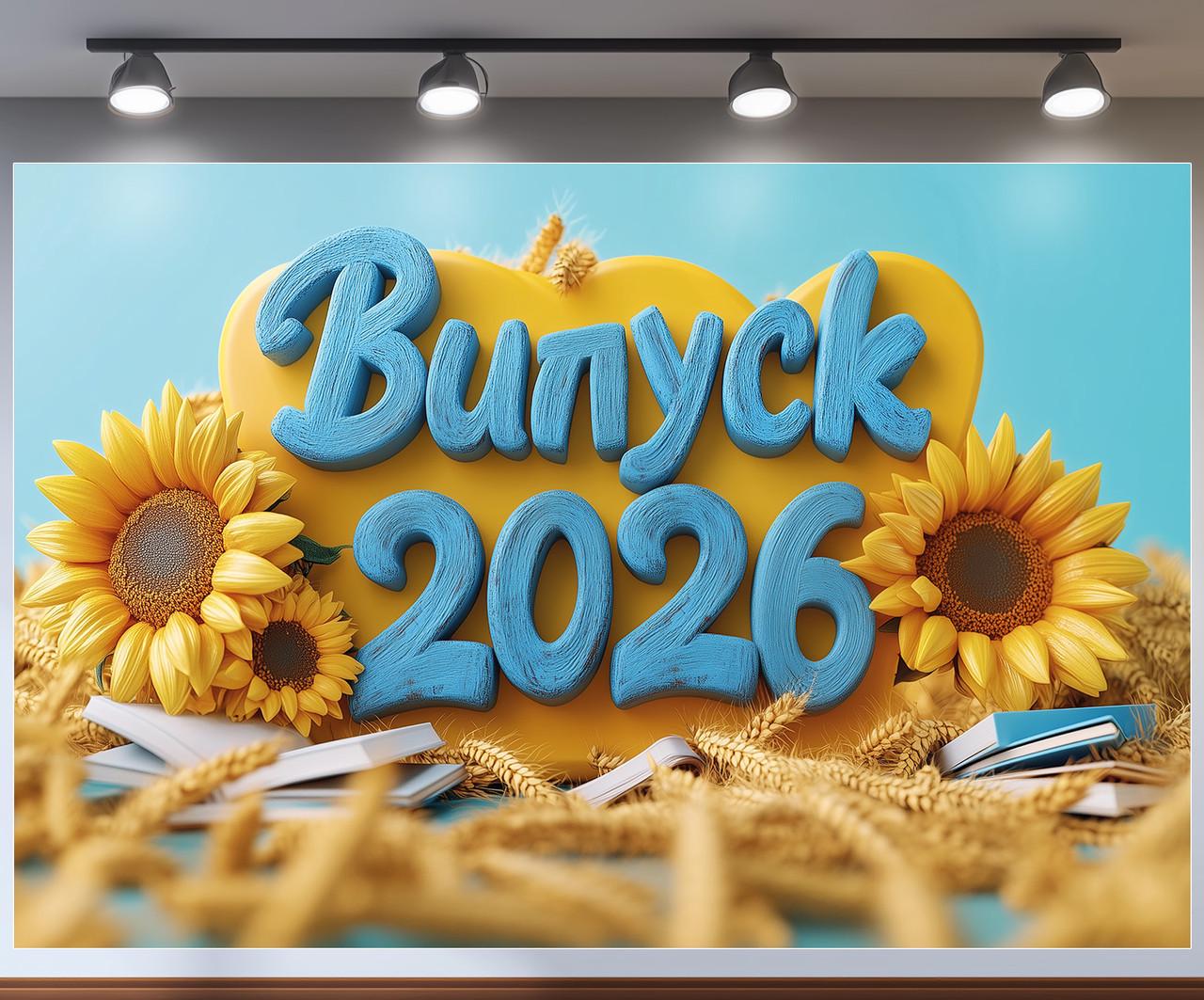 Баннер для фотозоны "Випуск 2026" патриотический стиль подсолнухи и колосья на синем фоне 240x160 см №41306