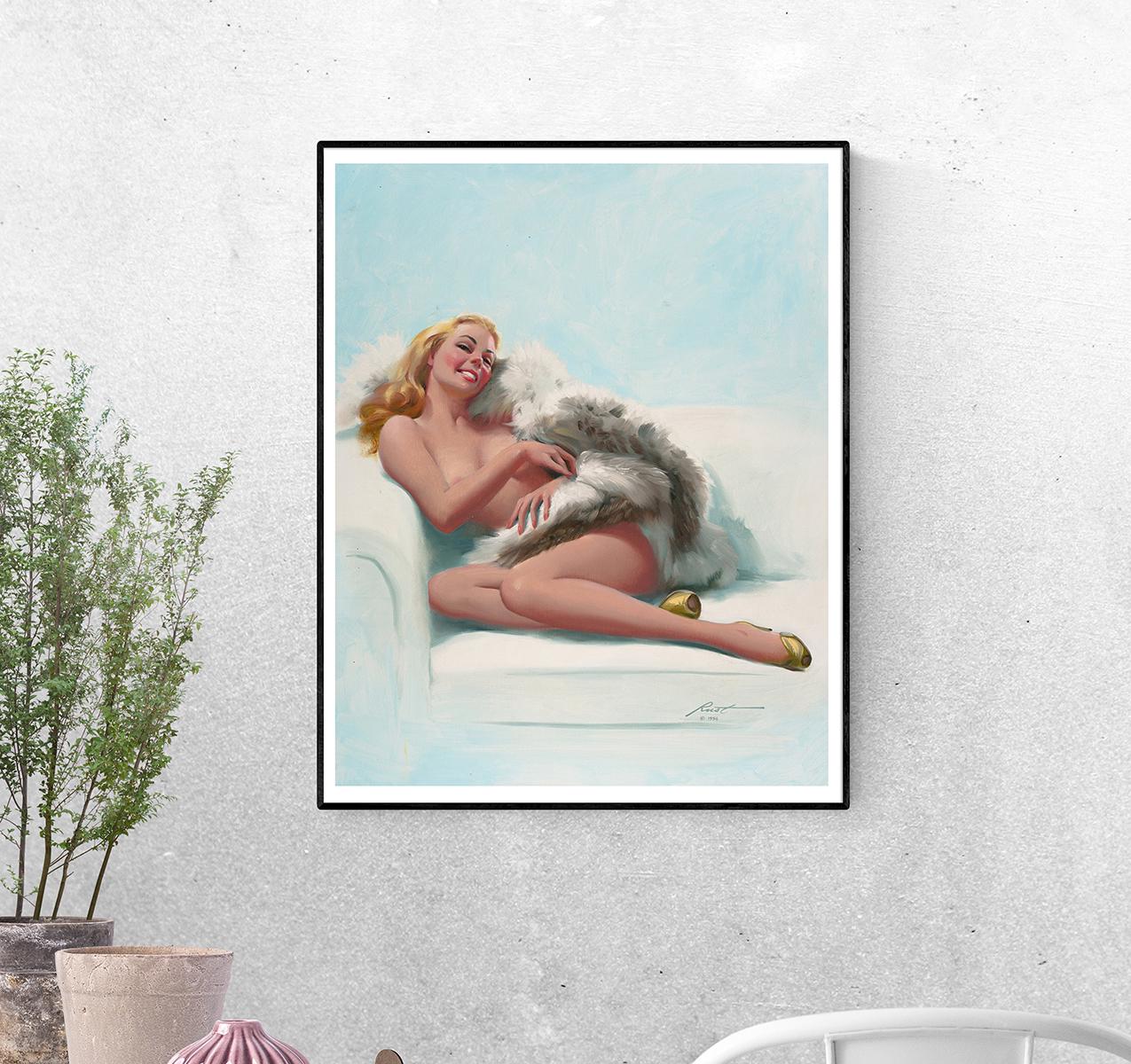 Постер Сидящая обнаженная с мехом. Дональд Раст формат А-4 (pin_up1740032_Poster)