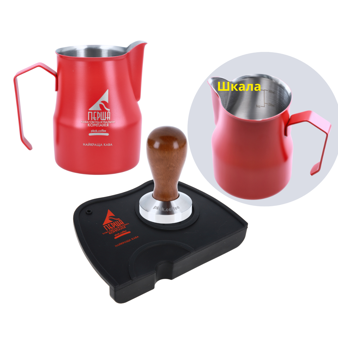 Набір баристи 3 темпер для кави та пітчер для молока тип Motta зі шкалою і килимком Червоний - фото 2
