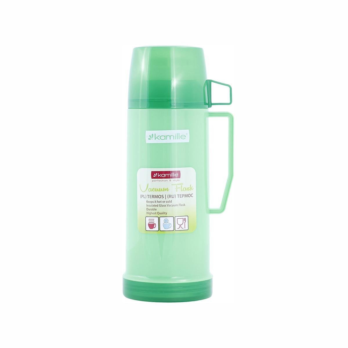 Термос із ручкою Kamille KM-2071 зі скляною колбою та 2 чашками 600 мл Зелений (150-84-2071)