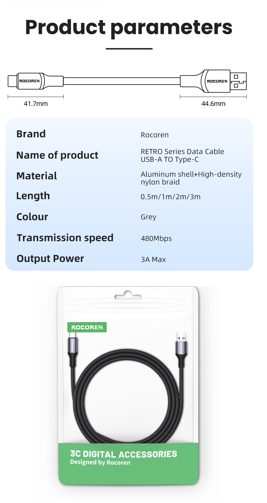 Кабель Rocoren 3A USB A-Type C 1 м Серый (RCPBAT-RT0G) - фото 9