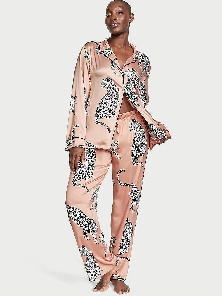 Піжама сорочка/штани сатинова Victoria's Secret Satin Long Pajama Set M Леопардовий (26701350)
