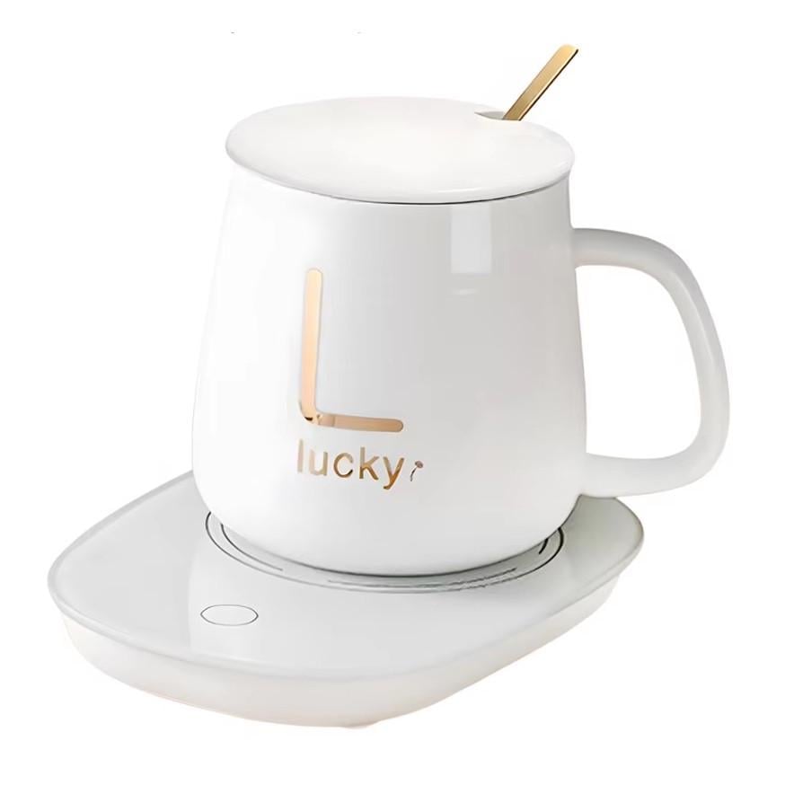 Чашка керамическая Lucky на платформе с подогревом с крышкой и ложкой 380 мл White (3_05627)