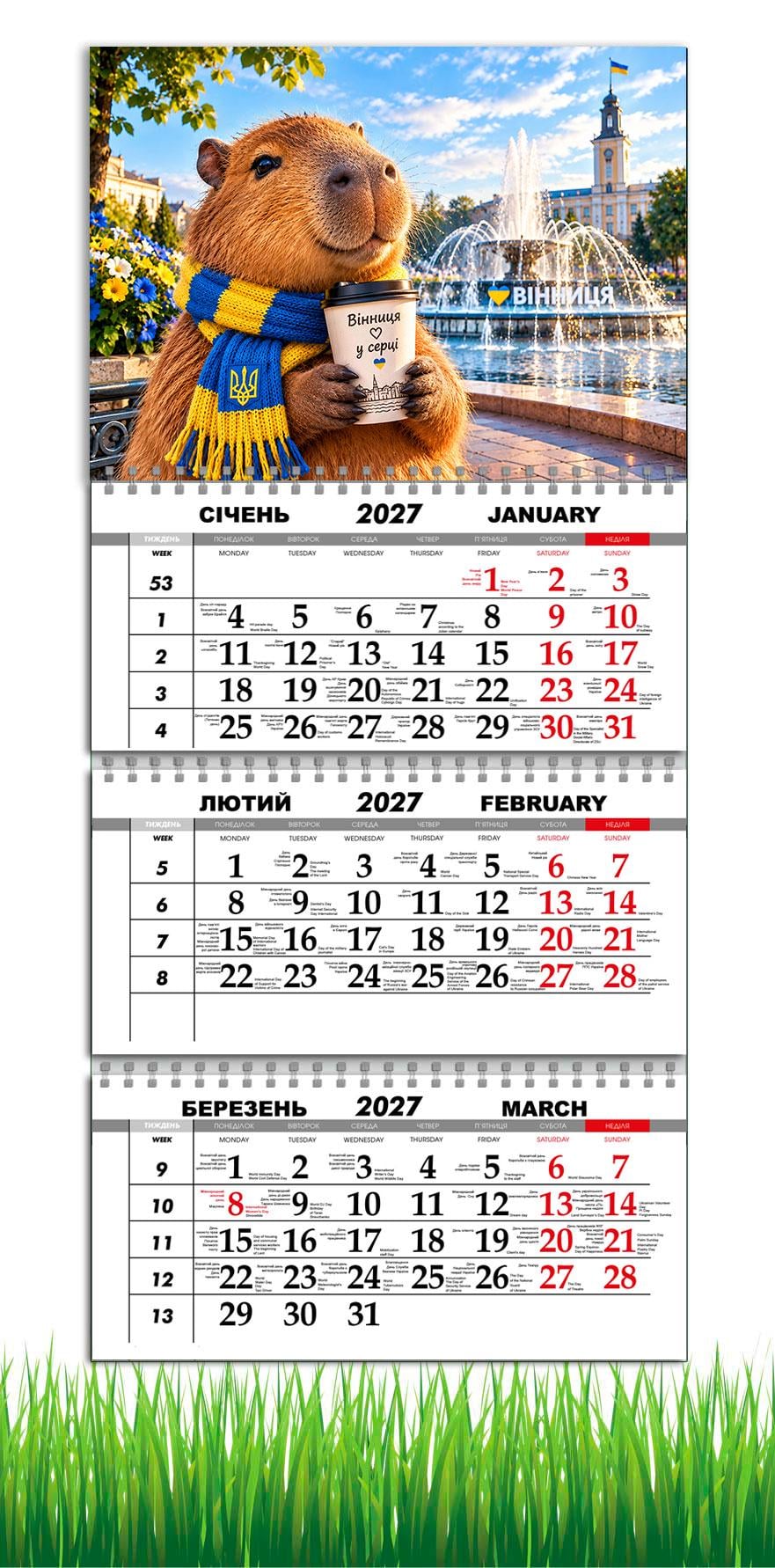 Календарь настенный квартальный на 2027 год APRIORI Капибара/Винница 30х61 см (38312121)