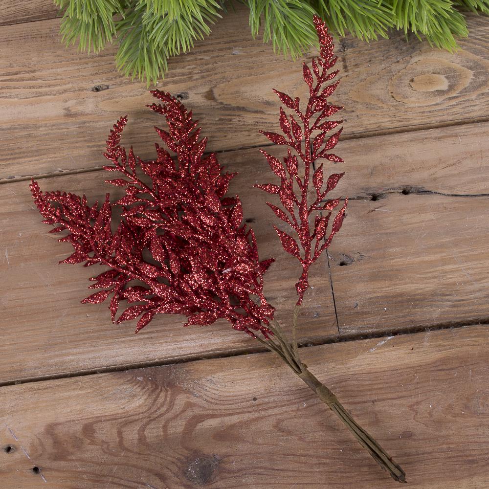 Искусственный пучок веток папоротника в блестках Красный (4115-1)