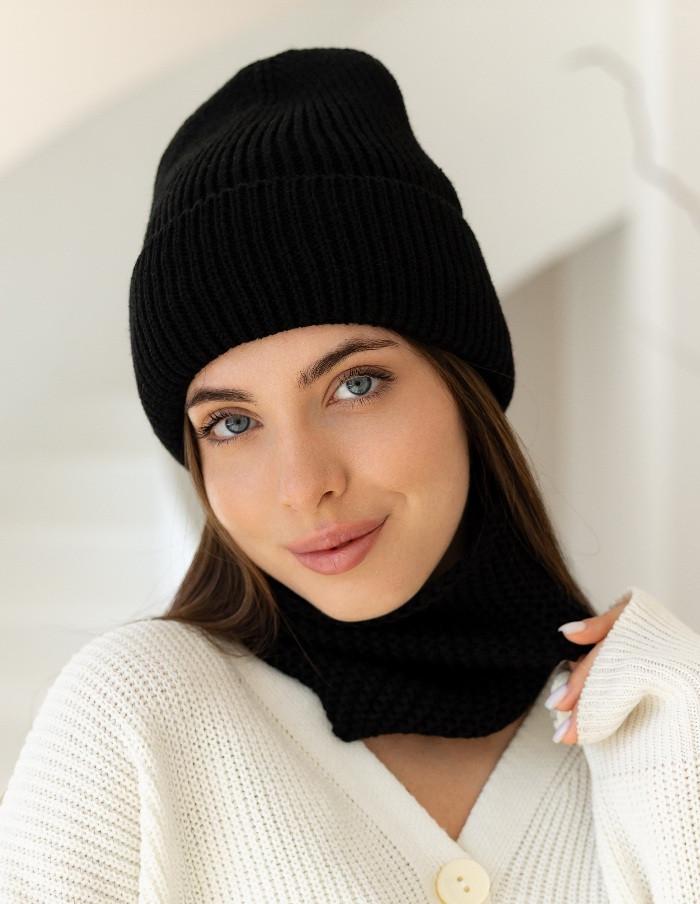 Шапка и хомут женские вязаные 2 из шерсти с отворотом Черный (2760149834)