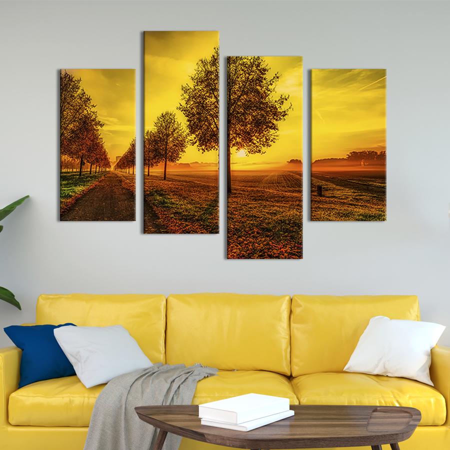 Модульная картина из четырех частей на холсте интерьерная картина Осенние деревья вдоль сельской дороги 89x56 см (618-42)